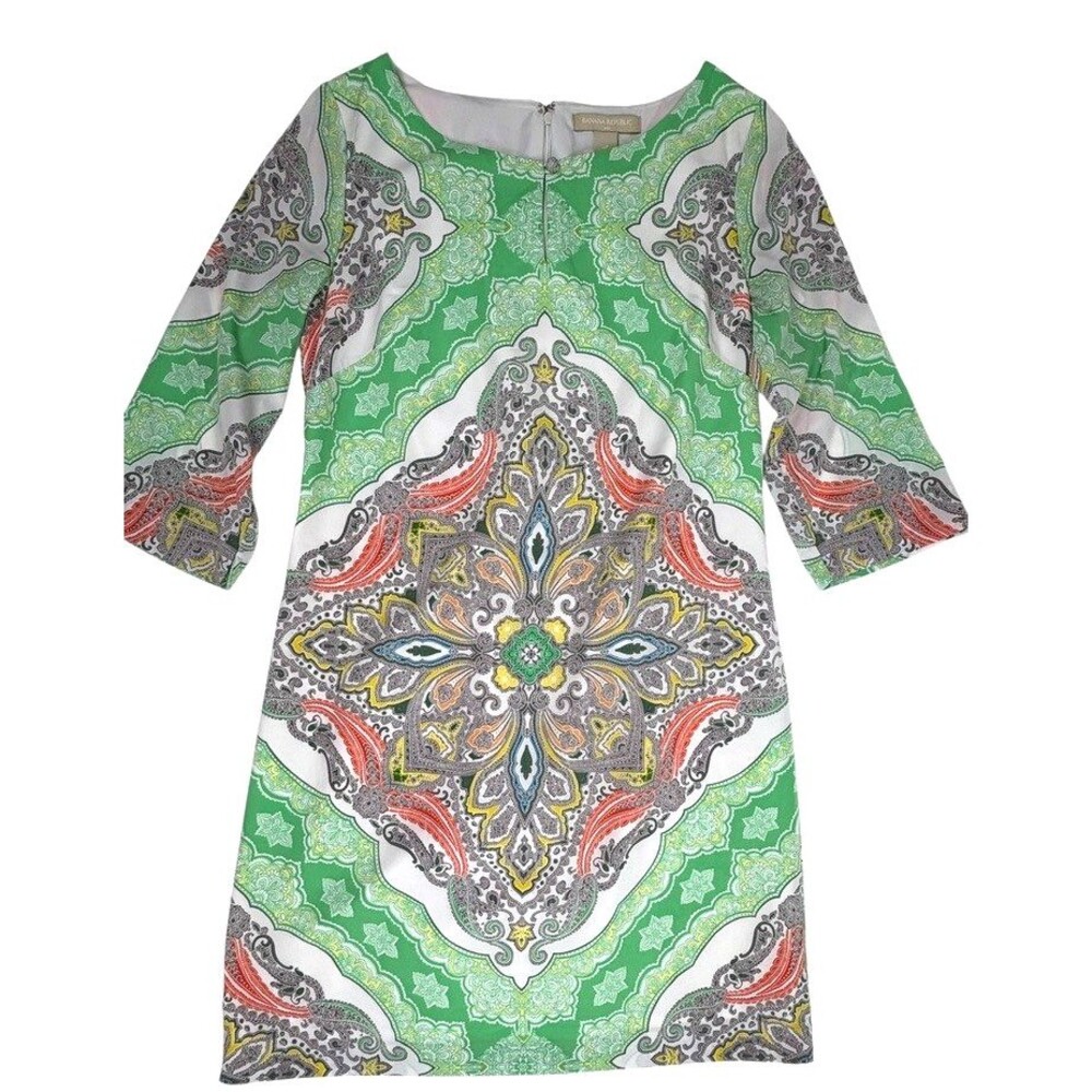 Banana Republic Green Paisley Shift Sheath Dress Boho 3/4 Sleeve Lined 4P Petite